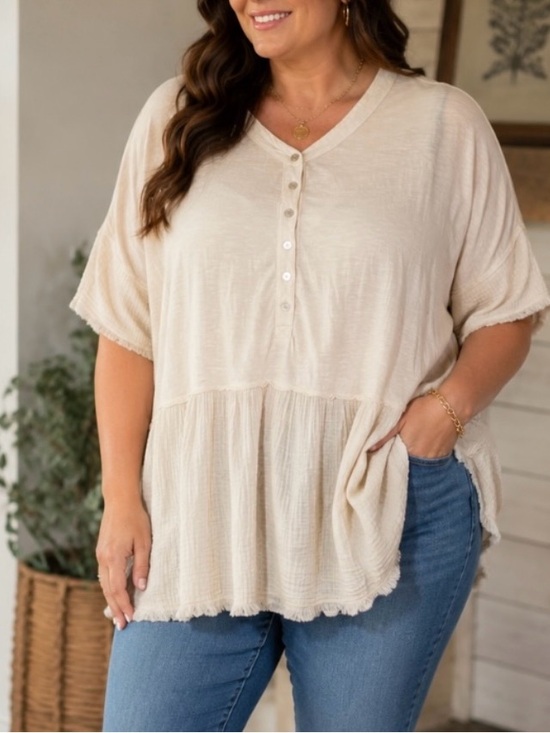 Wonderly Tops - Wonderly Beige Short-Sleeve Tiered Henley Tunic